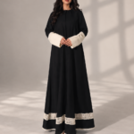 Black Super Nida Half-Kloosh Abaya with Beige Trim from Jelena Abaya.