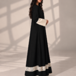 Black Super Nida Half-Kloosh Abaya with Beige Trim from Jelena Abaya.