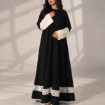 Black Super Nida Half-Kloosh Abaya with Beige Trim from Jelena Abaya.