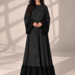 Black Lined Polka-Dot Chiffon Half-Kloosh Abaya from Jelena Abaya.