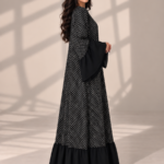 Black Lined Polka-Dot Chiffon Half-Kloosh Abaya from Jelena Abaya.