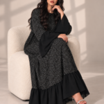 Black Lined Polka-Dot Chiffon Half-Kloosh Abaya from Jelena Abaya.