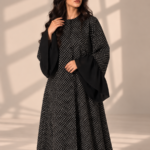 Black Lined Polka-Dot Chiffon Half-Kloosh Abaya from Jelena Abaya.