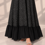 Black Lined Polka-Dot Chiffon Half-Kloosh Abaya from Jelena Abaya.