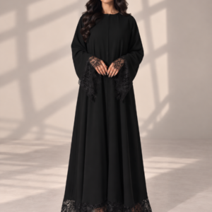 Front view of black Super Nida half-kloosh abaya 1072 with lace trim.