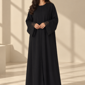 Front view of black Super Nida half-kloosh abaya 1073 with black appliqué.