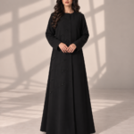 Model wearing open black Kubra quarter-kloosh abaya 1074 with glossy diagonal front detail.