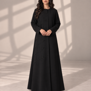 Model wearing open black Kubra quarter-kloosh abaya 1074 with glossy diagonal front detail.