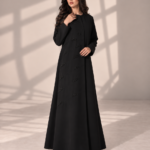 Model wearing open black Kubra quarter-kloosh abaya 1074 with glossy diagonal front detail.