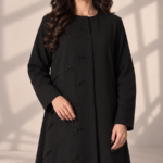 Model wearing open black Kubra quarter-kloosh abaya 1074 with glossy diagonal front detail.