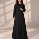 Model wearing open black Kubra quarter-kloosh abaya 1074 with glossy diagonal front detail.