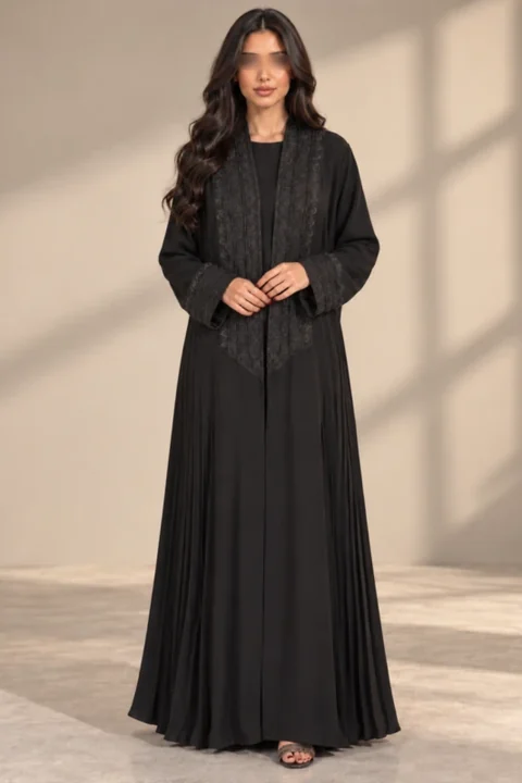 Black work abaya with side pleats and a softly flared cut, JELENA style 1075
