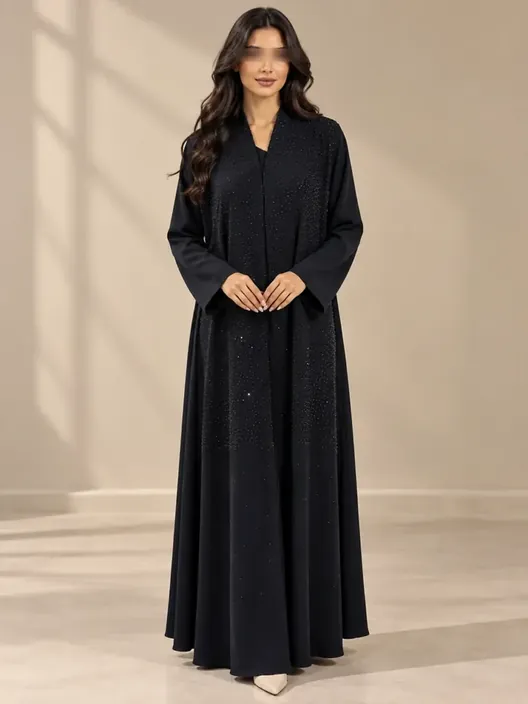 JELENA black royal crepe abaya with a graceful quarter-flared silhouette