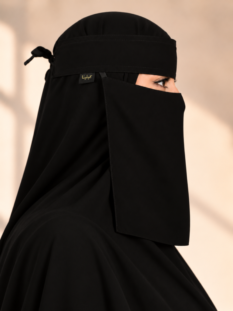 نقاب عادي أسود بقماش كوري من جيلينا، منظر جانبي باتجاه اليمين يظهر شريط الجبين وربطة النقاب وبطاقة جيلينا الذهبية