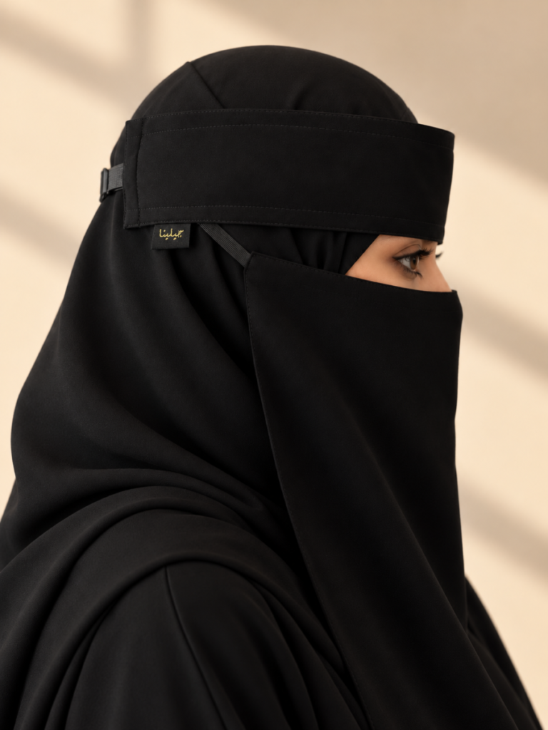نقاب مشبك كوري أسود من عبايات جيلينا بتصميم جانبي مع شريط جبين عريض وعلامة جيلينا