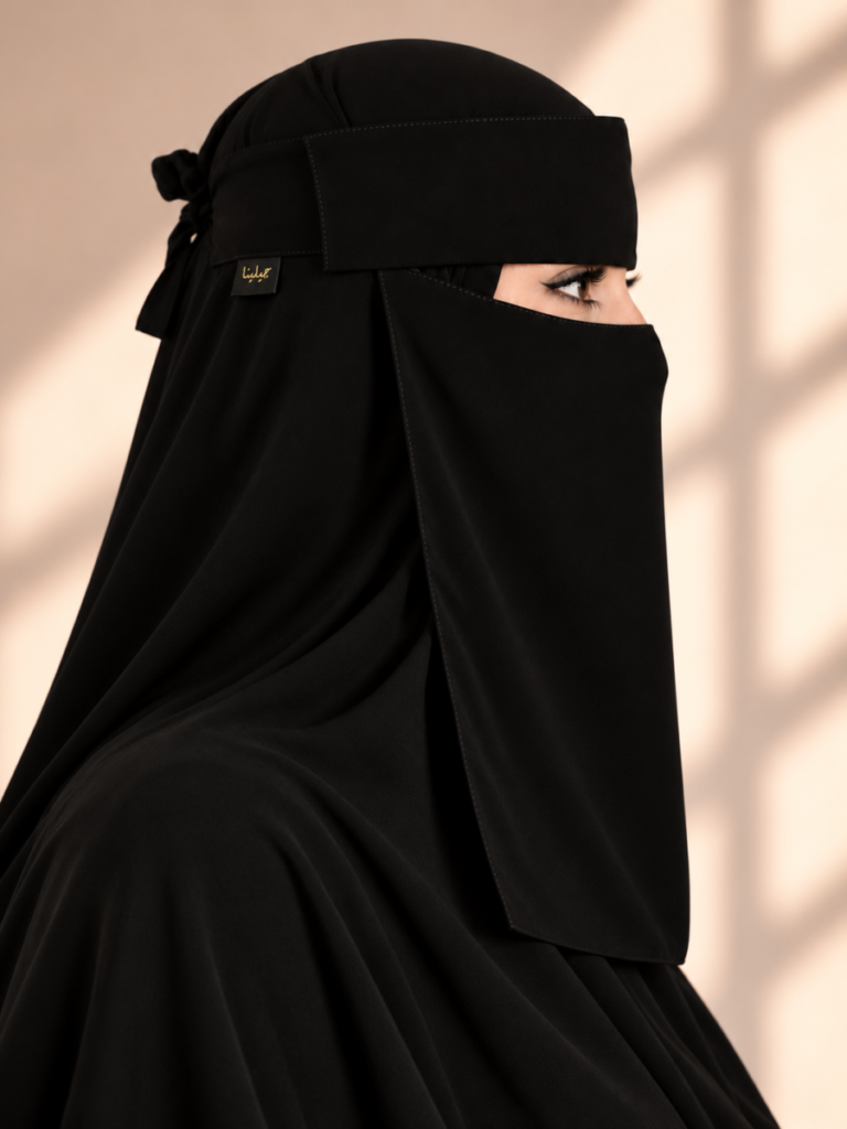 نقاب مرد أسود من عبايات جيلينا، منظر جانبي باتجاه اليمين يظهر تصميم المرد وشريط الجبين العريض وبطاقة جيلينا الذهبية